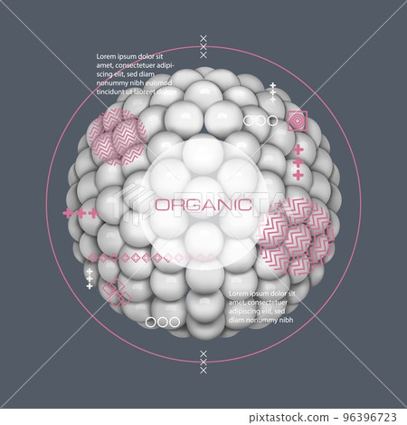 3D white spheres. Molecule particle. Micro medical object. Organic bubbles. Atomic structure. Chemical scientific research. Atoms connection. Geometric shape. Vector abstract background 96396723