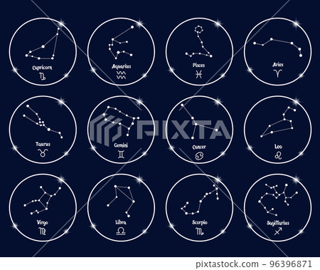 Constellations of zodiac signs in white shiny circles, set. White outline on a blue background. Icons, vector Constellations of zodiac signs in white shiny circles, set. White outline on a blue background. Icons, vector 96396871