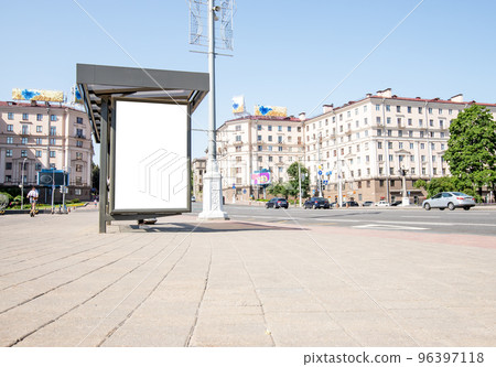 Big outdoor billboard mockup at bus stop. Brand, product, service, business advertisement poster placed along busy road. Hoarding. Big outdoor billboard mockup at bus stop. Brand, product, service, business advertisement poster placed along busy road. Hoarding. 96397118