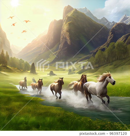 A herd of horses runs through endless fields , with green grass , mountains in the background, a mountain river A herd of horses runs through endless fields , with green grass , mountains in the background, a mountain river 96397120