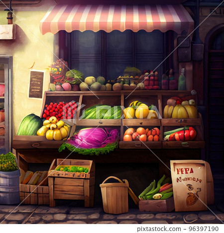 A counter with farm fruits and vegetables that lie in wooden boxes , standing on the street near the store. 96397190