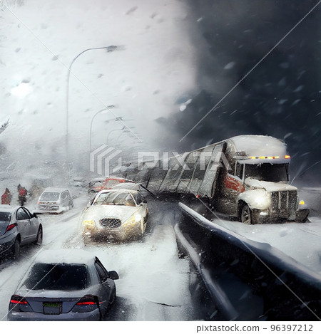 A big car accident on the highway in a snowstorm A big car accident on the highway in a snowstorm 96397212