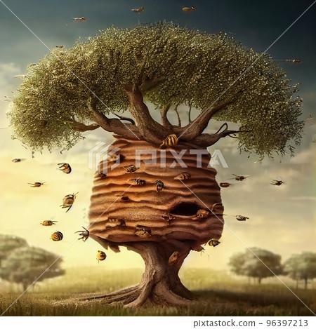 A beehive on a tree with bees circling around it 96397213