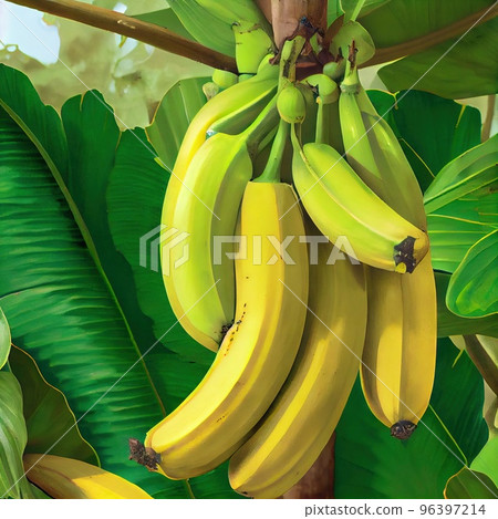 A beautiful bunch of bananas on a branch under the leaves A beautiful bunch of bananas on a branch under the leaves 96397214