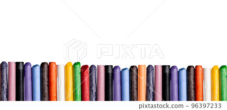 Oil pastel pencil row, border isolated on white background. Banner with multi colored crayons, copy space 96397233