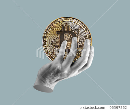 Hand holding bitcoin coin. Crypto currency, digital money, finance concept. Contemporary art collage. Hand holding bitcoin coin. Crypto currency, digital money, finance concept. Contemporary art collage. 96397262