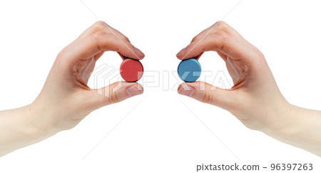 Hands holding red and blue pills isolated on white background. Choice between two options, truth, reality and illusion. Matrix, conspiracy concept. Hands holding red and blue pills isolated on white background. Choice between two options, truth, reality and illusion. Matrix, conspiracy concept. 96397263