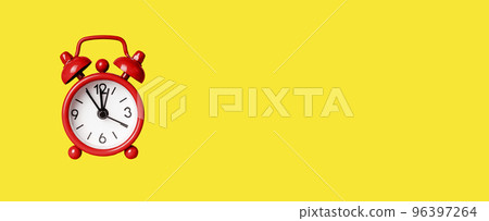 Banner with red retro alarm clock on yellow background. Time management, deadline concept. Copy space 96397264