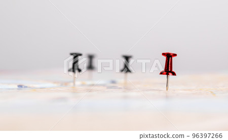 Pins on map for marking locations. Trip planning. Route marking with pushpins. Logistics or travel itinerary concept. Blurred background. Pins on map for marking locations. Trip planning. Route marking with pushpins. Logistics or travel itinerary concept. Blurred background. 96397266