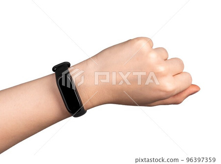 Woman hand with fitness tracker isolated on white background. Smartwatch for overall health control. Device for physical activity monitoring 96397359