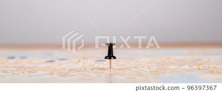 Banner with pins on map. Trip route planning. Travelling, journey concept. Marking locations, places of interest for visiting. Place for text 96397367