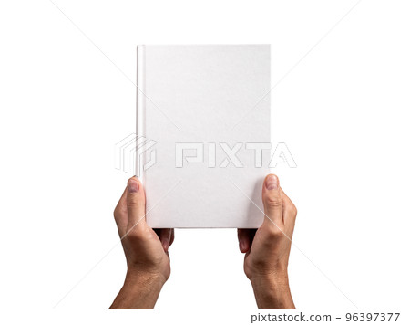 Hands holding closed book mockup isolated on white background. Gift. Study, preparing for exams, research conducting concept. 96397377