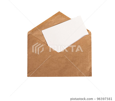 Kraft envelope and paper sheet mockup inside isolated on white background. Letter, invitation, postcard template with place for text. Kraft envelope and paper sheet mockup inside isolated on white background. Letter, invitation, postcard template with place for text. 96397381