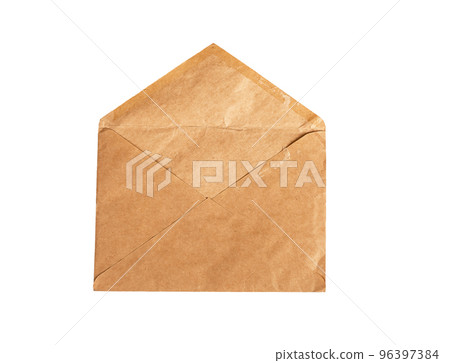 Open kraft paper envelope isolated on white background. Natural package for letter, invitation, card, gift. Vintage style Open kraft paper envelope isolated on white background. Natural package for letter, invitation, card, gift. Vintage style 96397384