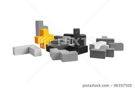 Outstanding yellow puzzle element among black and white ones isolated on background. Creativity, imagination, uniqueness, standing out of crowd concept. 96397500