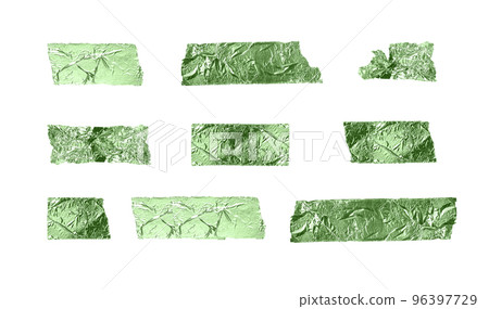 Torn tapes set isolated on white background. Green, glossy sticky pieces of duct tape of different sizes 96397729