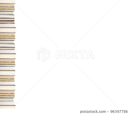 Banner with books tower isolated on white background. Room for text. Vertical books border. Preparing for exams, conducting research, reading hobby concept. 96397786