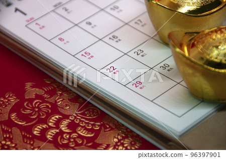 Side view of January 2023 calendar with red golden background. Happy Chinese New Year concept. Side view of January 2023 calendar with red golden background. Happy Chinese New Year concept. 96397901