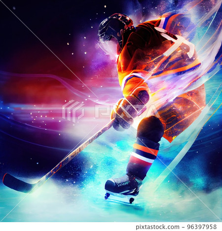 The arena of a hockey rink, a hockey player hits a hockey stick with a swing on the puck The arena of a hockey rink, a hockey player hits a hockey stick with a swing on the puck 96397958