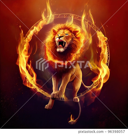A lion in a circus jumps through a ring of fire A lion in a circus jumps through a ring of fire 96398057