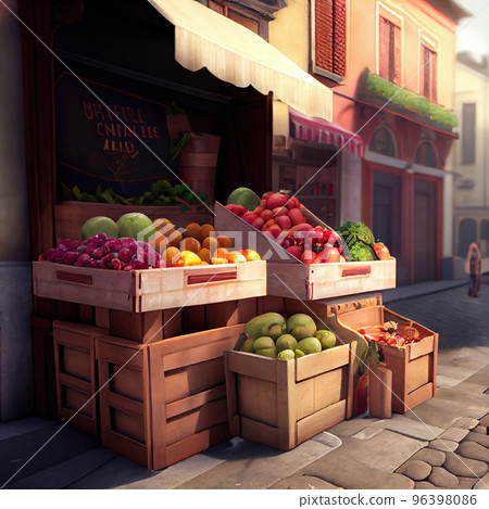 A counter with farm fruits and vegetables that lie in wooden boxes , standing on the street near the store. 96398086