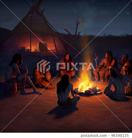 Ancient people sit around a campfire at night 96398135