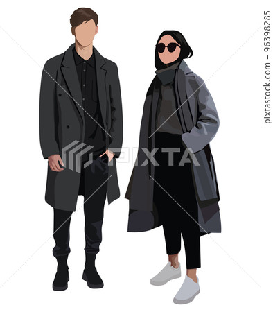 Vector fashion illustration of stylish pretty girl and handsome stylish man. Stylish couple. Relationships. Fall winter illustration. Romantic couple Vector fashion illustration of stylish pretty girl and handsome stylish man. Stylish couple. Relationships. Fall winter illustration. Romantic couple 96398285