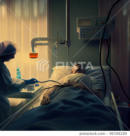 A dropper connected to a patient in a hospital room 96398289