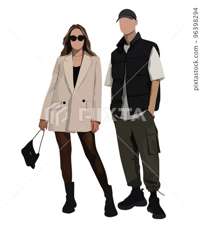 Stylish couple of young people. Man and woman on a white background. Cute and beautiful couple. Vector illustration Stylish couple of young people. Man and woman on a white background. Cute and beautiful couple. Vector illustration 96398294