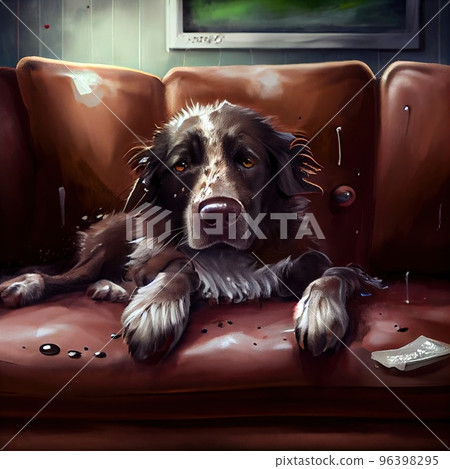 A dog wet after the rain with dirty paws jumped on the sofa and lies contented 96398295