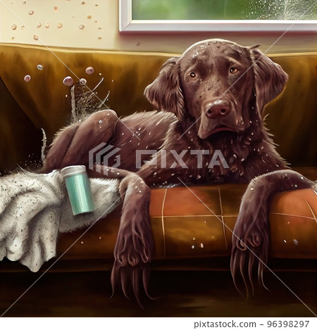 A dog wet after the rain with dirty paws jumped on the sofa and lies contented 96398297