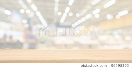 Empty wood table top with supermarket grocery store blurred defocused background with bokeh light for product display 96398393