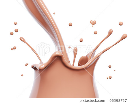 Splash of hot chocolate, pouring sauce or syrup, cocoa drink or choco cream, melted chocolate wave, swirl background dessert, illustration food, isolated 3d rendering 96398737