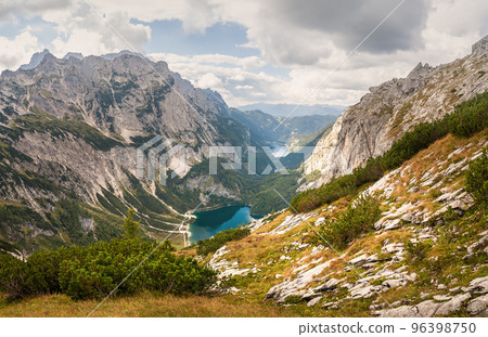 landscape with Gosausee lake in the mountain valley, Gosauseen lakes in the Dachstein Mountains in the Alps in Austria landscape with Gosausee lake in the mountain valley, Gosauseen lakes in the Dachstein Mountains in the Alps in Austria 96398750