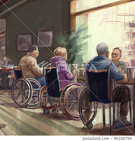 People in wheelchairs are sitting in a cafe and drinking coffee People in wheelchairs are sitting in a cafe and drinking coffee 96398794