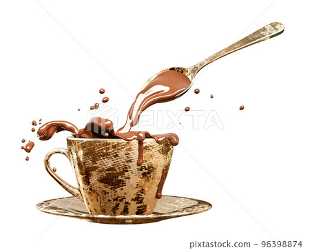 Splash of hot melted chocolate sauce or syrup, cocoa drink in golden luxury cup with spoon 3d rendering 96398874