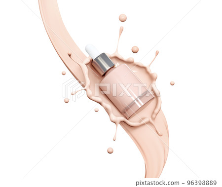 Blank cosmetics skincare product or packaging for mock up. Liquid makeup foundation bottle with cosmetic cream splash. Cosmetic product template. Dropper for branding in liquid splash. Blank label for 96398889
