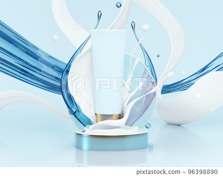 Tube of cream. Liquid cosmetics, skin care cosmetic product, body lotion in bottle body cream splash. 3d rendering. Toothpaste. Mockup promo banner, blue background. 96398890