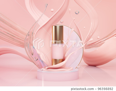 Pink make up liquid foundation cream cosmetics bottle on splashing cosmetic liquid, advertising. Moisturizing toner, Isolated, 3d rendering; 96398892