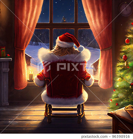 Santa Claus sits in red chair and looks out window, Christmas Night Santa Claus sits in red chair and looks out window, Christmas Night 96398916