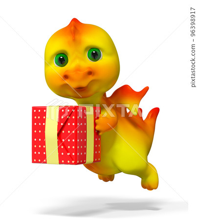 Funny small dragon character holding red gift 3d rendering Funny small dragon character holding red gift 3d rendering 96398917