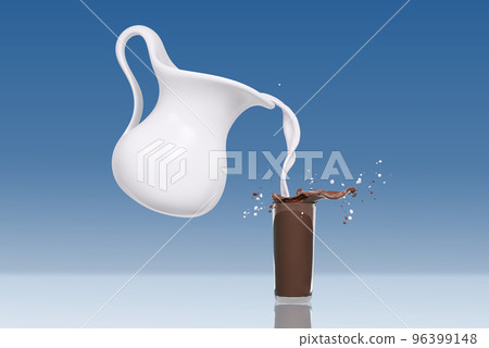 Pouring milk from jug to glass with hot chocolate or cocoa drink, splashing or wave, abstract flowing liquid background, isolated, 3d rendering 96399148