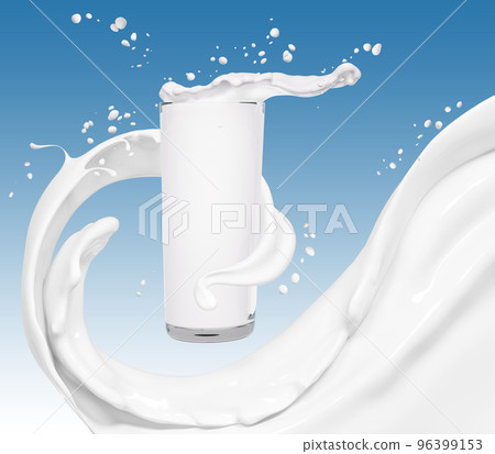 Pouring milk or yogurt in glass, splashing or wave, abstract flowing liquid background, isolated, 3d rendering 96399153
