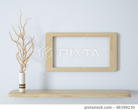 Branch in white vase on the wooden shelf with frame 3d rendering 96399230