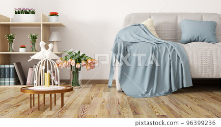 Interior design of modern living room with sofa, coffee table  flowers 3d rendering 96399236