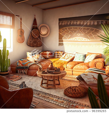 interior of living room in boho style - Stock Illustration [96399265 ...