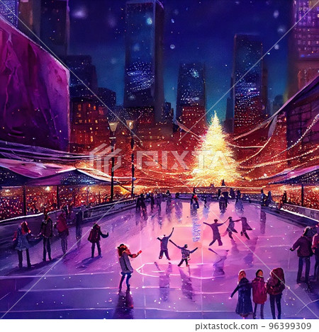 Winter skating rink decorated for Christmas, evening, people ride on ice skates, against background of megapolis and Christmas tree 96399309
