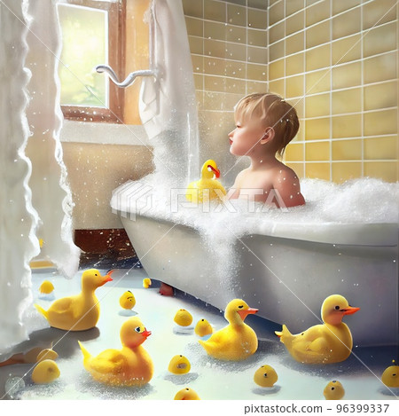 A child bathes in the bathroom in foam with yellow ducks 96399337