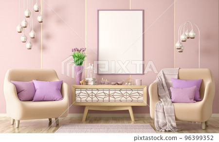 Interior design of modern living room with two armchairs, cabinet with decor and frame, 3d renderin 96399352