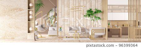 Modern interior design with  white  armchairs, sofa, coffee tabl 96399364